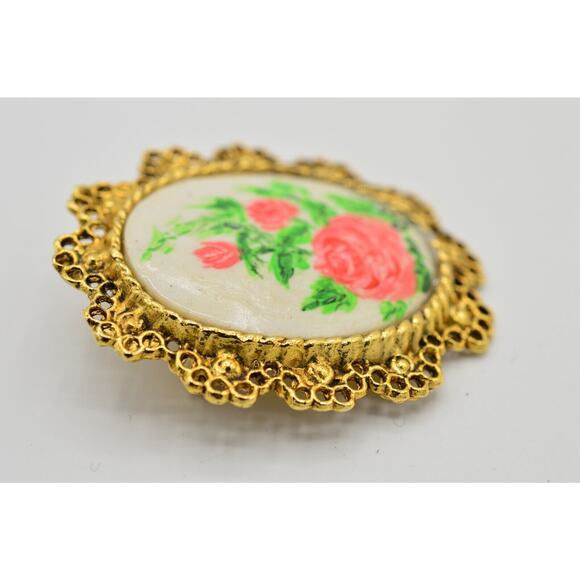 Artist Johan Painted Vintage Statement Pin Brooch Floral Roses Gold Cameo BinF - Picture 7 of 12